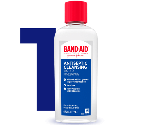 Step 1 is to clean your wound with an antiseptic, like BAND-AID® Brand Pain Relieving Antiseptic Cleansing Liquid