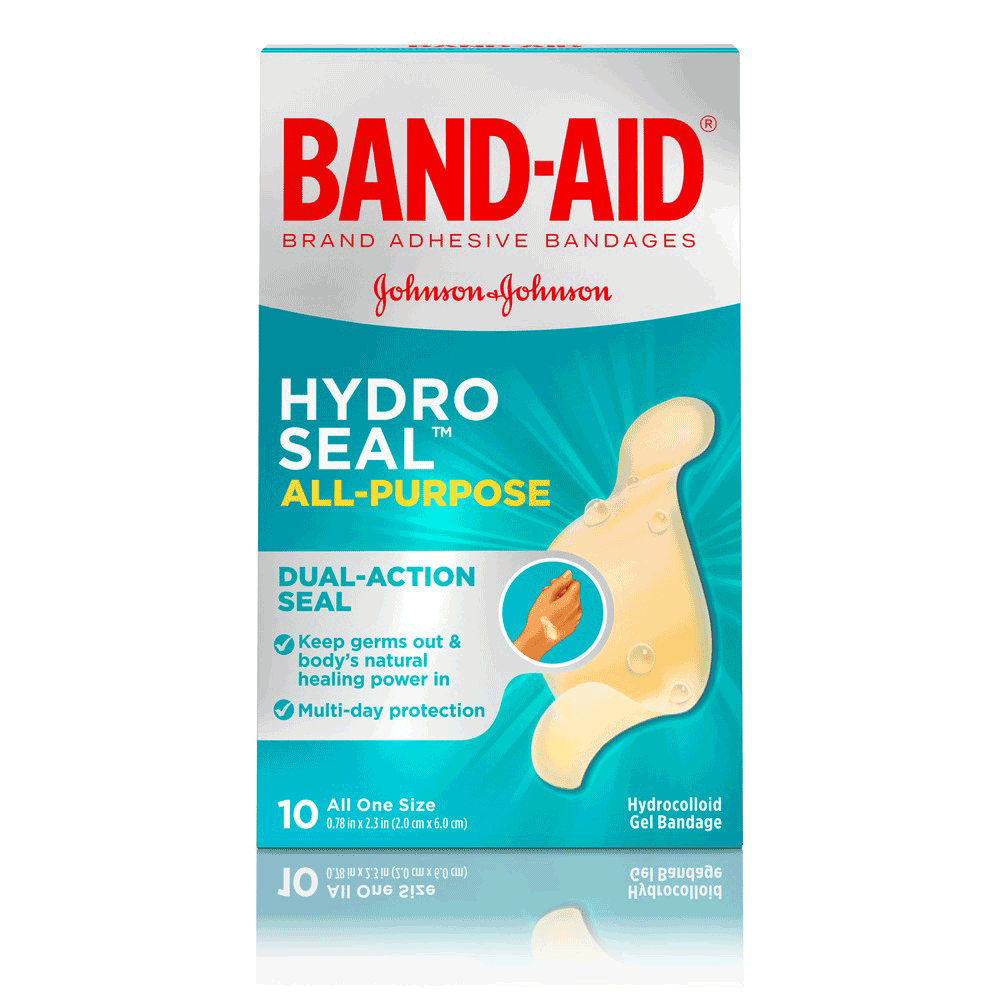 “Band-Aid Hydro Seal All-Purpose Hydrocolloid Bandages 10-pack, front of pack