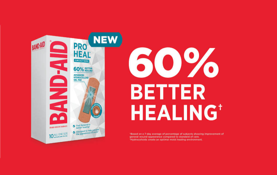 Band-Aid Pro Heal adhesive bandages box image with 60% Better Healing headline