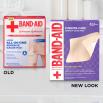 Old vs new look of BAND-AID® Brand CUSHION-CARE™ Large Sterile Adhesive Gauze Pads