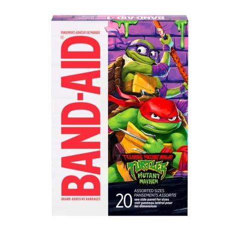 BAND-AID® Brand Adhesive Bandages featuring Nickelodeon’s Teenage Mutant Ninja Turtles Mutant Mayhem Characters front of package
