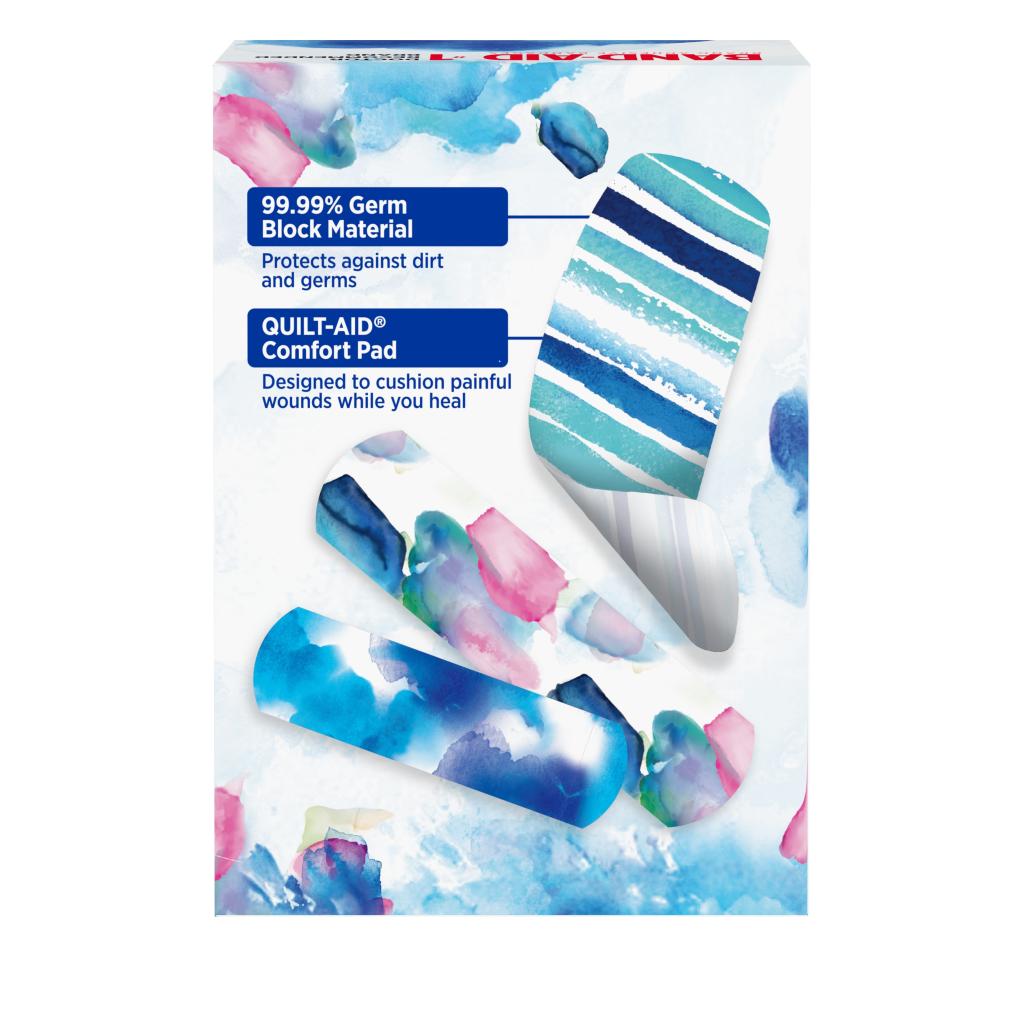 BAND-AID(R) Brand Adhesive Bandages Flexible Fabric Featuring Watercolor Prints, Back of Pack