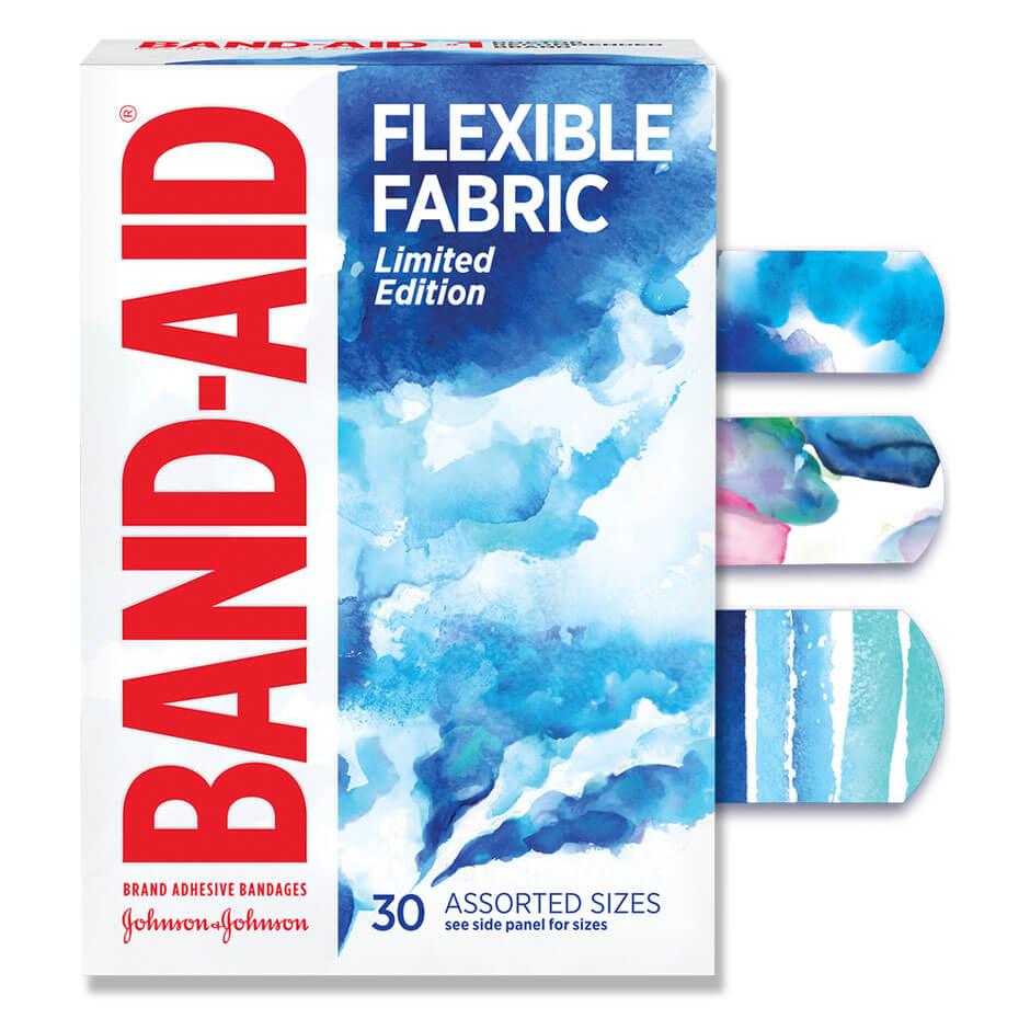Band-Aid Brand Flexible Fabric Limited Edition Watercolor Bandages front of pack and bandage designs