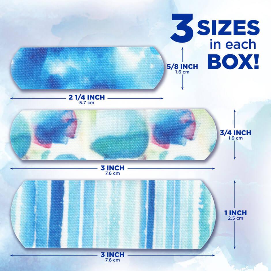 Measurements of the three different bandage sizes that come in each box