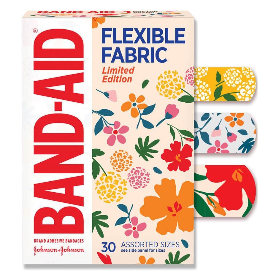 Band-Aid Brand Flexible Fabric Limited Edition Wildflower Bandages front of pack and bandage designs