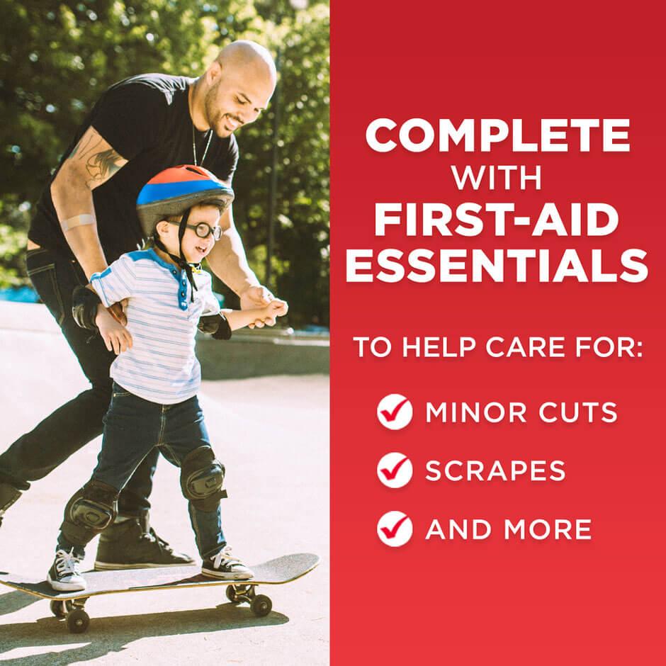 Complete with First-Aid Essentials to help care for minor cuts, scrapes, and more