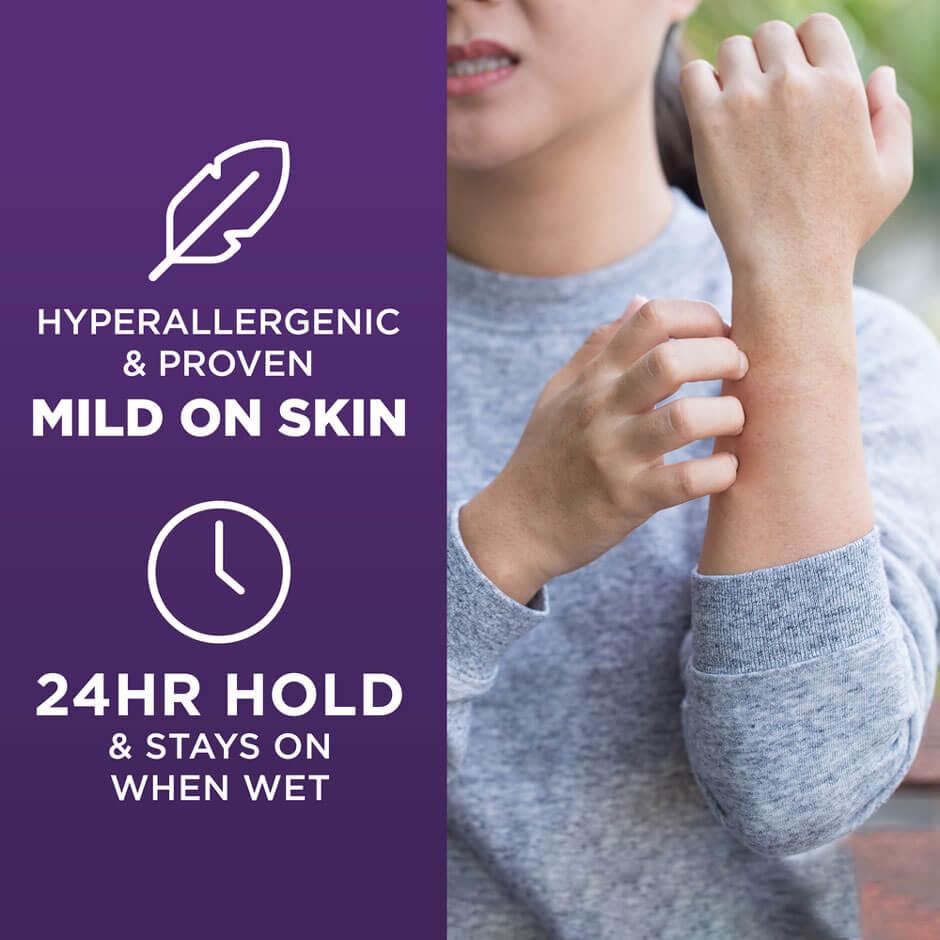 Hypoallergenic and proven mild on skin with a 24-hour hold that stays on when wet
