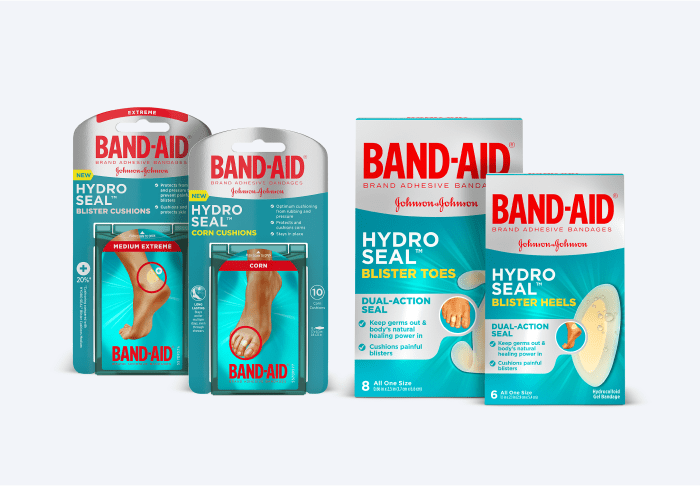 Four different types of Band-Aid HYDRO SEAL Blister Bandage products